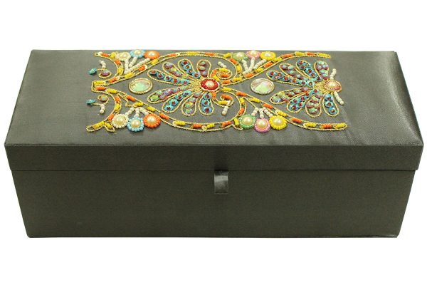 12 x 4.5 x 3.5 inch Grey Embroidered Floral Zari Box